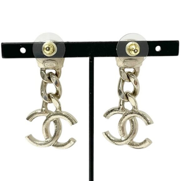 CHANEL CC Logos Rhinestone Dangle Stud Earrings Gold Tone C23C Auth - Picture 4 of 6